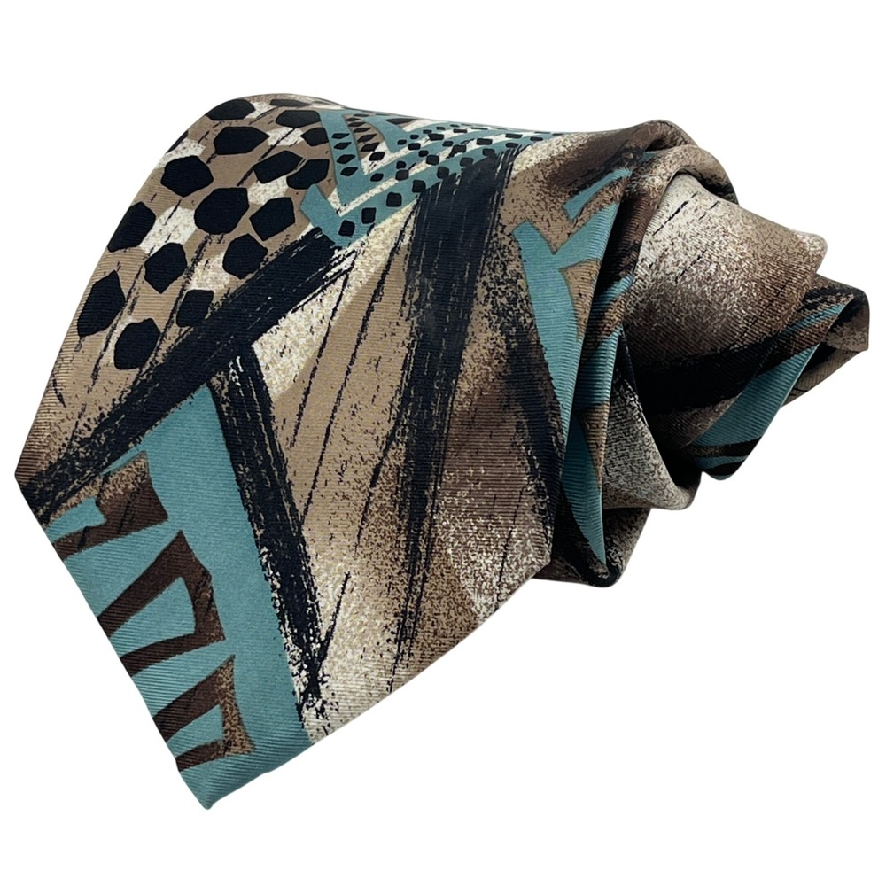 Halston III Tie Men One Size Teal Blue Tan Abstract Geometric 100% Italian Silk